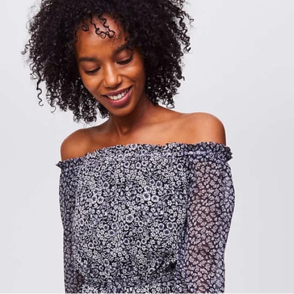 Boho Off The Shoulder Flower Print Mini‎ Dress Small Long Sleeve Chiffon - Picture 2 of 5